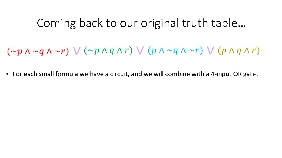 Coming back to our original truth table… • For each small formula we have Coming back to our original truth table… • For each small formula we have