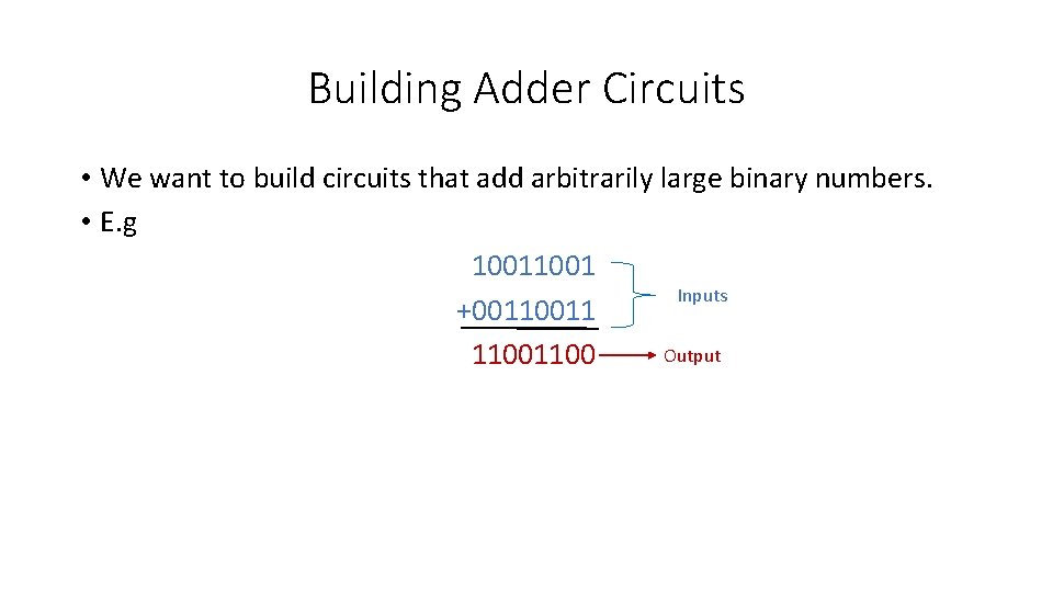 Building Adder Circuits • We want to build circuits that add arbitrarily large binary Building Adder Circuits • We want to build circuits that add arbitrarily large binary