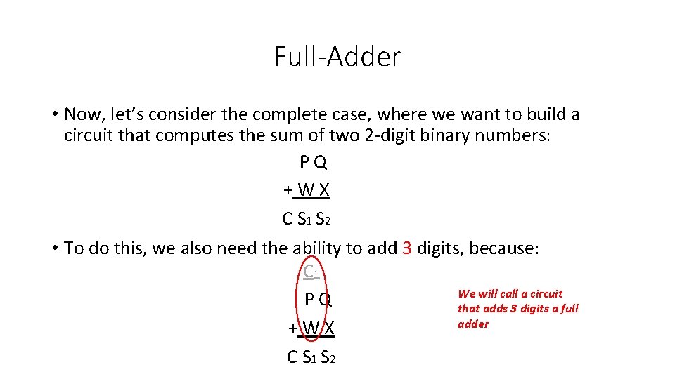 Full-Adder • Now, let’s consider the complete case, where we want to build a Full-Adder • Now, let’s consider the complete case, where we want to build a
