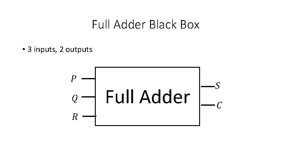 Full Adder Black Box • 3 inputs, 2 outputs Full Adder 