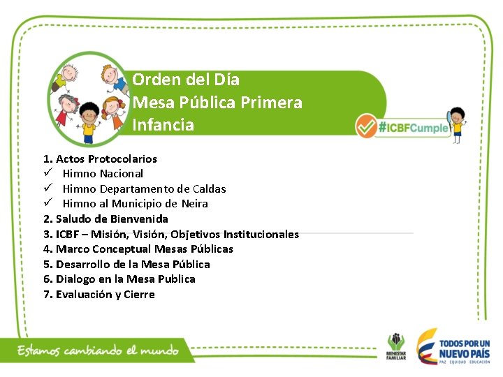 Orden del Día Mesa Pública Primera Infancia 1. Actos Protocolarios ü Himno Nacional ü