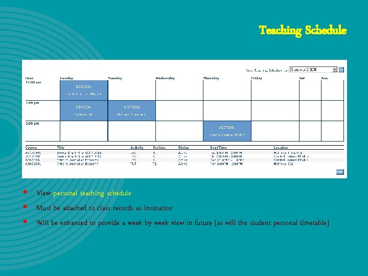 Teaching Schedule § View personal teaching schedule § Must be attached to class records Teaching Schedule § View personal teaching schedule § Must be attached to class records