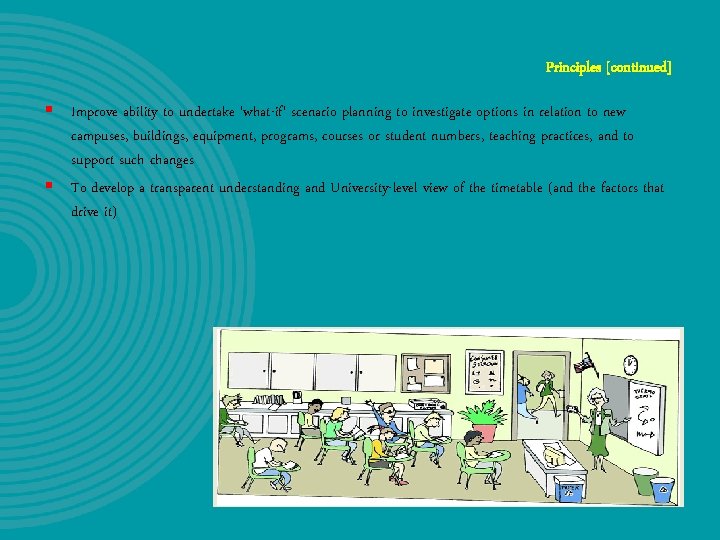 Principles [continued] § Improve ability to undertake 'what-if' scenario planning to investigate options in