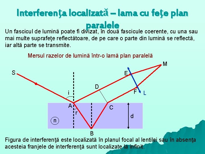 Interferenţa localizată – lama cu feţe plan paralele Un fascicul de lumină poate fi