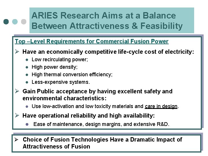 ARIES Research Aims at a Balance Between Attractiveness & Feasibility Top –Level Requirements for