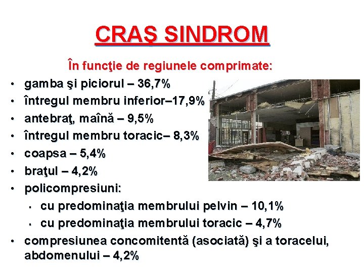 CRAŞ SINDROM • • În funcţie de regiunele comprimate: gamba şi piciorul – 36,