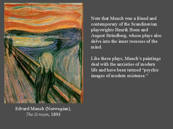 Note that Munch was a friend and contemporary of the Scandinavian playwrights Henrik Ibsen