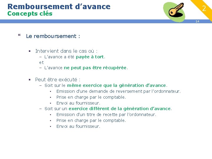 Remboursement d’avance 2 Concepts clés 14 } Le remboursement : § Intervient dans le