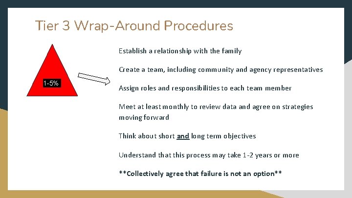 Tier 3 Wrap-Around Procedures Establish a relationship with the family Create a team, including