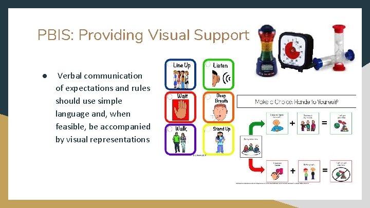 PBIS: Providing Visual Support ● Verbal communication of expectations and rules should use simple