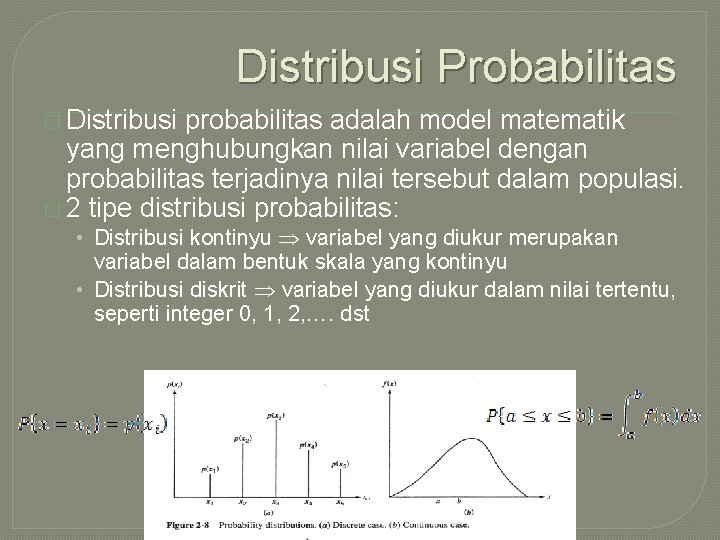 Distribusi Probabilitas � Distribusi probabilitas adalah model matematik yang menghubungkan nilai variabel dengan probabilitas