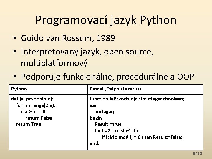 Programovací jazyk Python • Guido van Rossum, 1989 • Interpretovaný jazyk, open source, multiplatformový