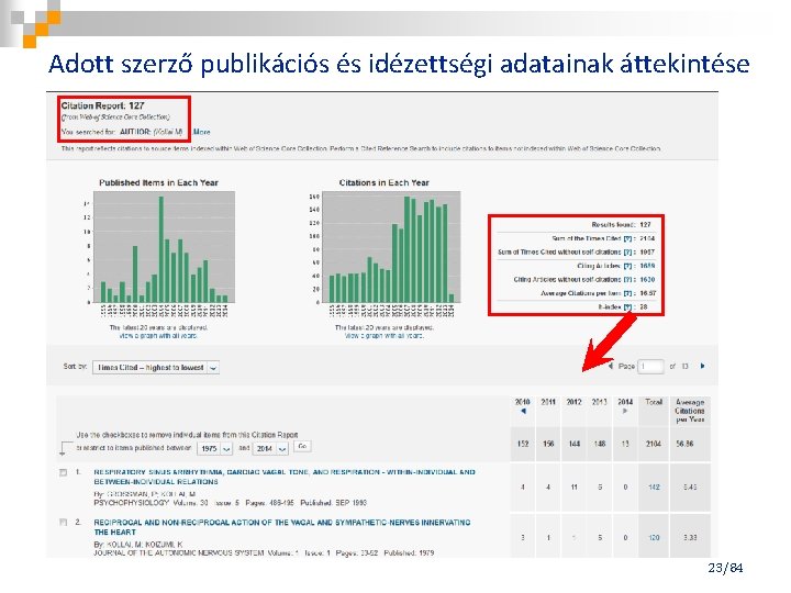 Adott szerző publikációs és idézettségi adatainak áttekintése 23/84 