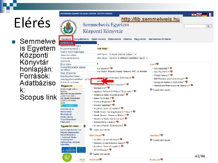 Elérés n http: //lib. semmelweis. hu Semmelwe is Egyetem Központi Könyvtár honlapján: Források: Adatbáziso