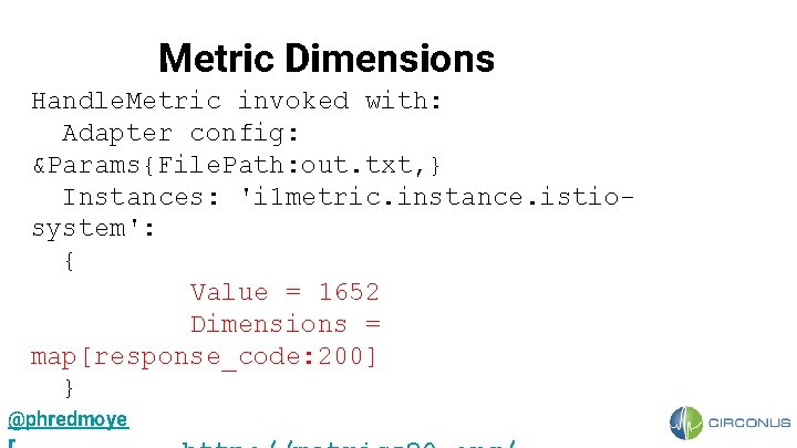 Metric Dimensions Handle. Metric invoked with: Adapter config: &Params{File. Path: out. txt, } Instances:
