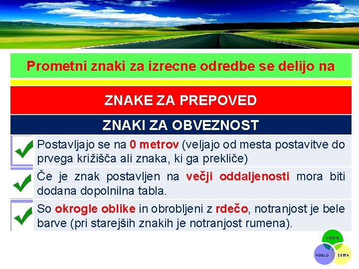 Prometni znaki za izrecne odredbe se delijo na ZNAKE ZA PREPOVED ZNAKI ZA OBVEZNOST