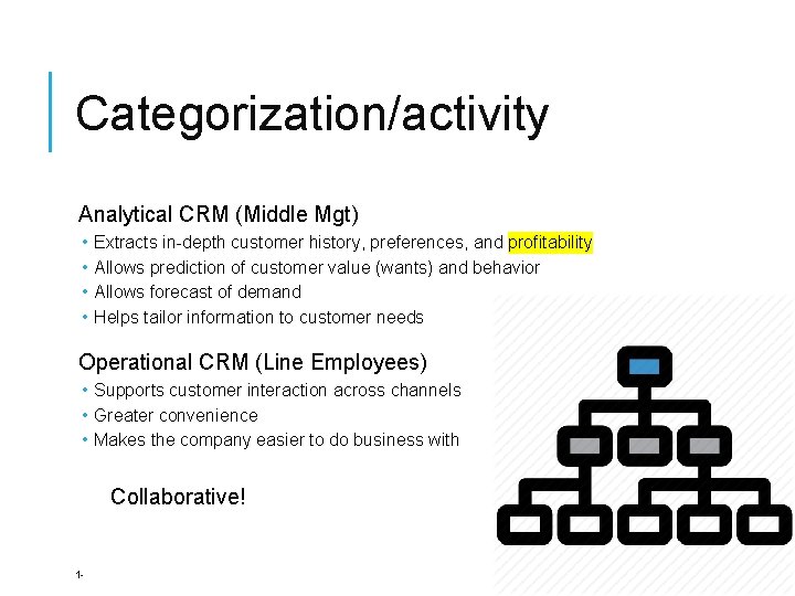 Categorization/activity Analytical CRM (Middle Mgt) • • Extracts in-depth customer history, preferences, and profitability