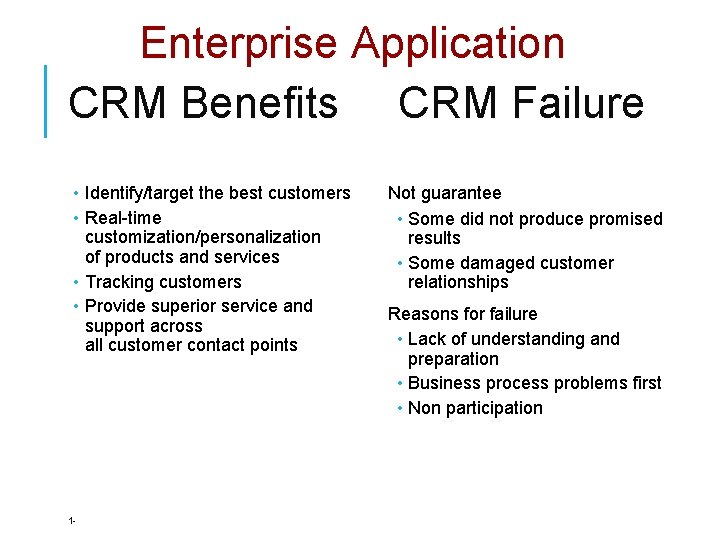 Enterprise Application CRM Benefits CRM Failure • Identify/target the best customers • Real-time customization/personalization