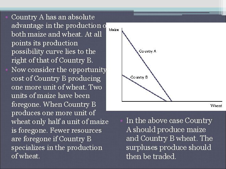  • Country A has an absolute advantage in the production of both maize