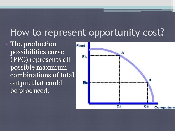 How to represent opportunity cost? • The production possibilities curve (PPC) represents all possible