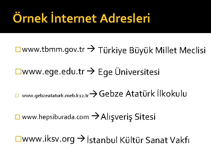 Örnek İnternet Adresleri � www. tbmm. gov. tr Türkiye Büyük Millet Meclisi �www. ege.