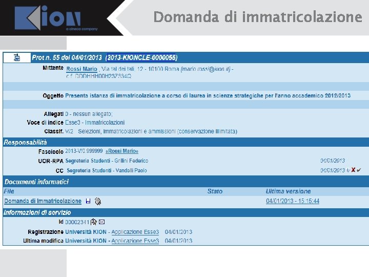 Domanda di immatricolazione 