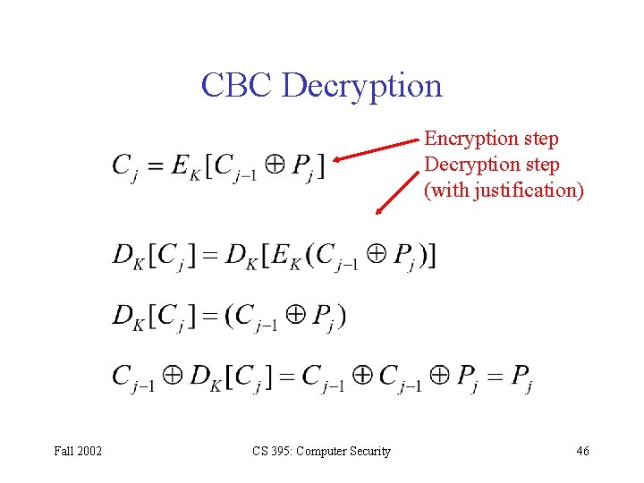 CBC Decryption Encryption step Decryption step (with justification) Fall 2002 CS 395: Computer Security CBC Decryption Encryption step Decryption step (with justification) Fall 2002 CS 395: Computer Security