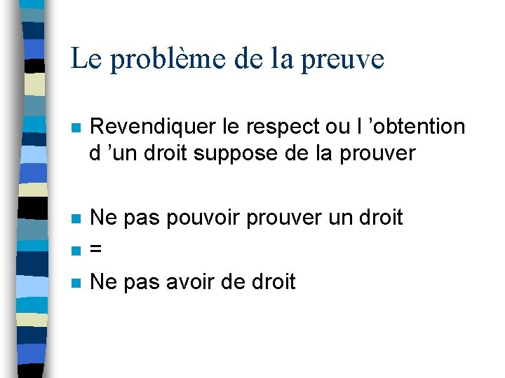 Le problème de la preuve n Revendiquer le respect ou l ’obtention d ’un