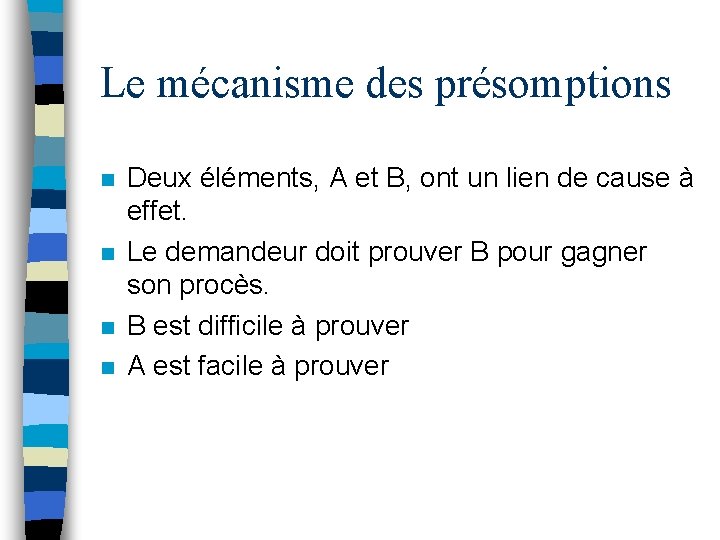 Le mécanisme des présomptions n n Deux éléments, A et B, ont un lien