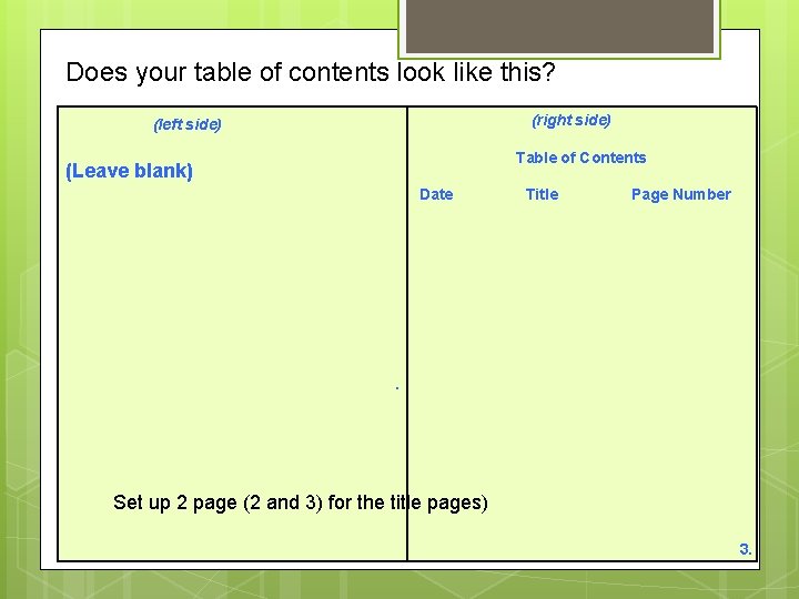 Does your table of contents look like this? (right side) (left side) Table of