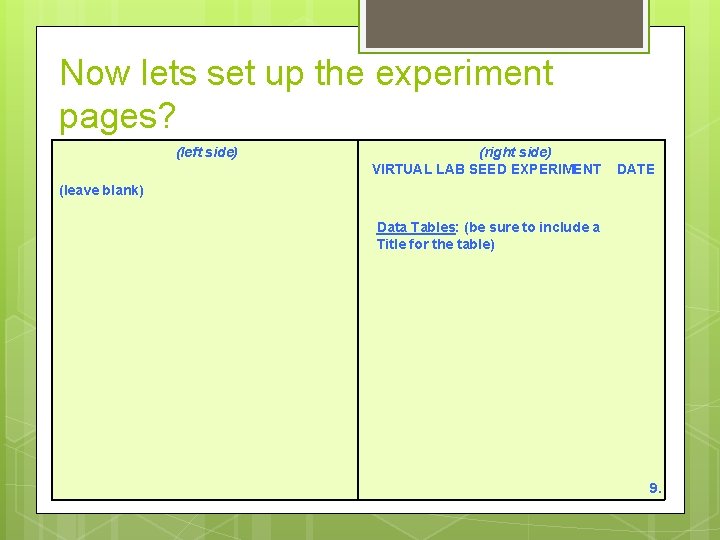 Now lets set up the experiment pages? (left side) (right side) VIRTUAL LAB SEED