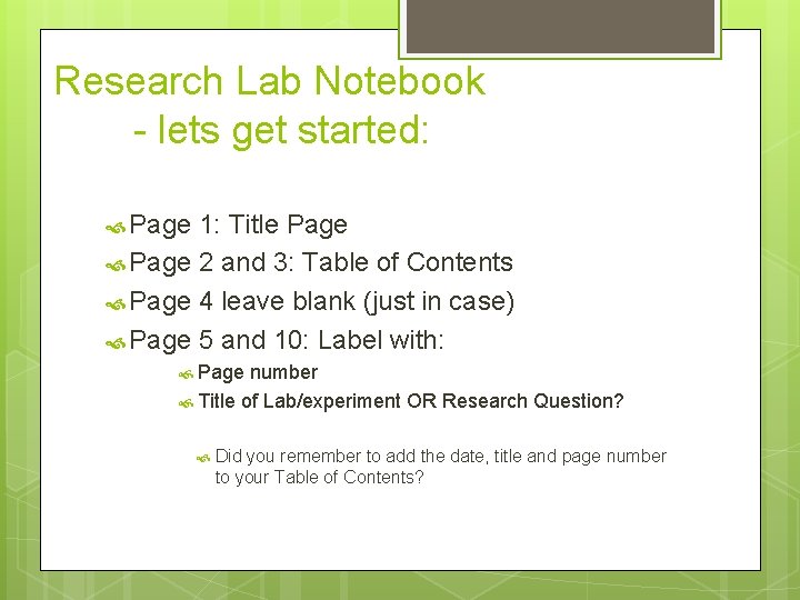 Research Lab Notebook - lets get started: Page 1: Title Page 2 and 3: