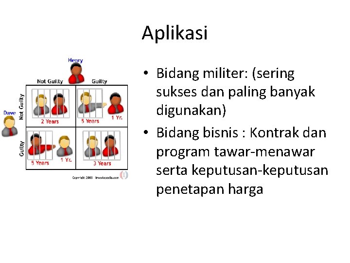 Aplikasi • Bidang militer: (sering sukses dan paling banyak digunakan) • Bidang bisnis :