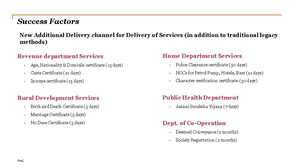 Success Factors New Additional Delivery channel for Delivery of Services (in addition to traditional