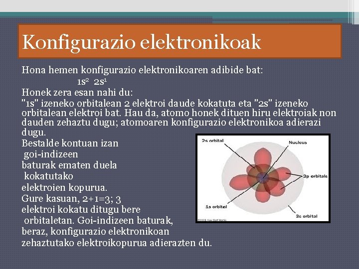 Konfigurazio elektronikoak Hona hemen konfigurazio elektronikoaren adibide bat: 1 s 2 2 s 1