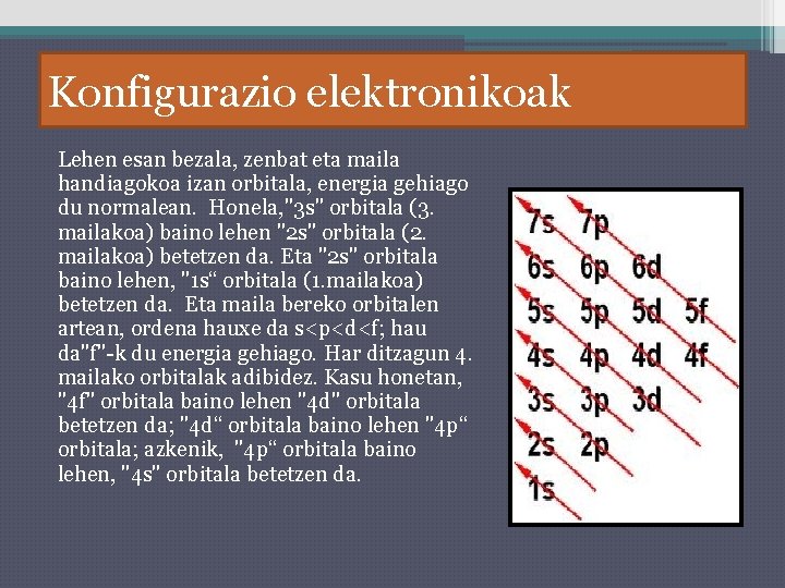 Konfigurazio elektronikoak Lehen esan bezala, zenbat eta maila handiagokoa izan orbitala, energia gehiago du