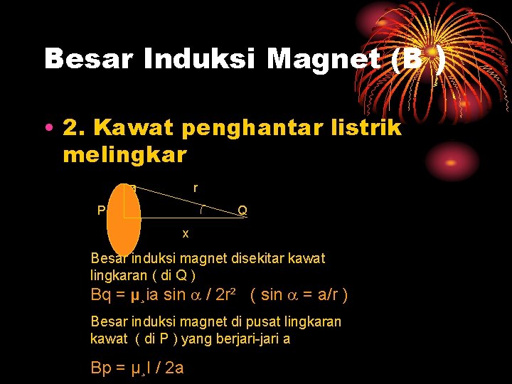 Besar Induksi Magnet (B ) • 2. Kawat penghantar listrik melingkar a r P