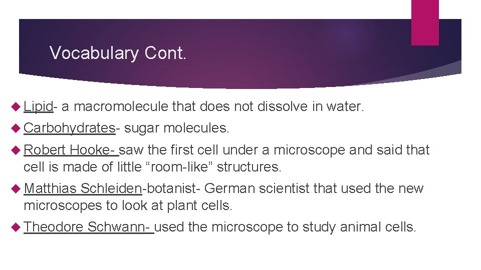 Vocabulary Cont. Lipid- a macromolecule that does not dissolve in water. Carbohydrates- sugar molecules.
