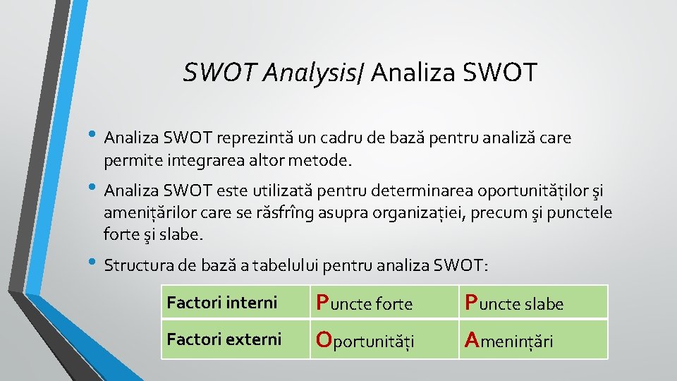 SWOT Analysis/ Analiza SWOT • Analiza SWOT reprezintă un cadru de bază pentru analiză