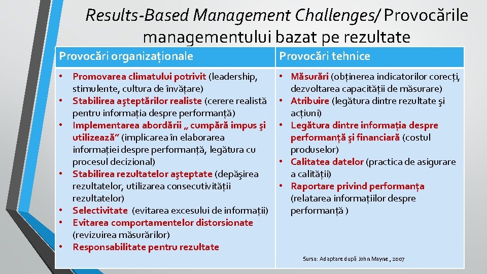 Results-Based Management Challenges/ Provocările managementului bazat pe rezultate Provocări organizaționale Provocări tehnice • Promovarea