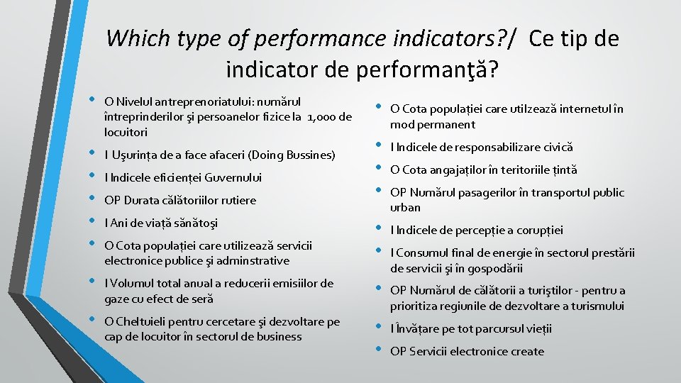 Which type of performance indicators? / Ce tip de indicator de performanţă? • O Which type of performance indicators? / Ce tip de indicator de performanţă? • O