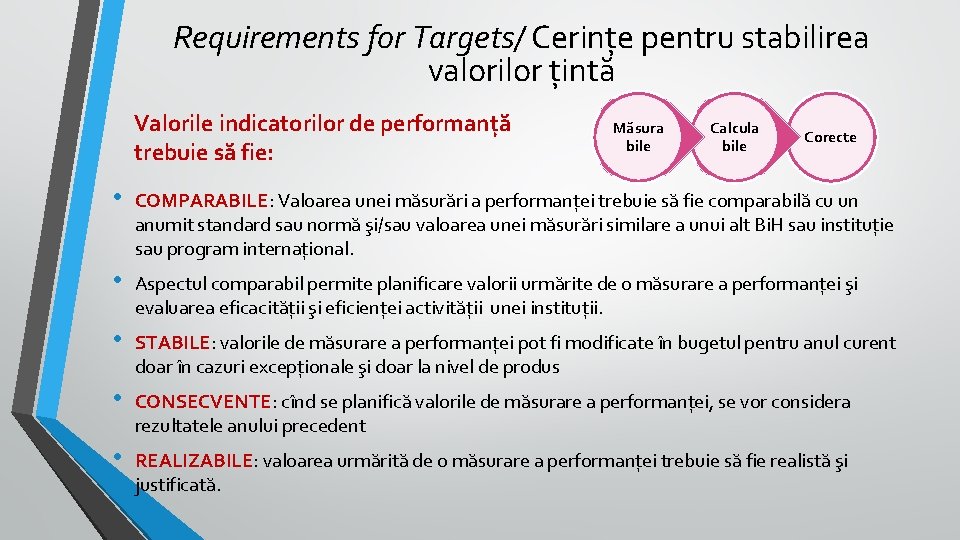 Requirements for Targets/ Cerințe pentru stabilirea valorilor țintă Valorile indicatorilor de performanță trebuie să