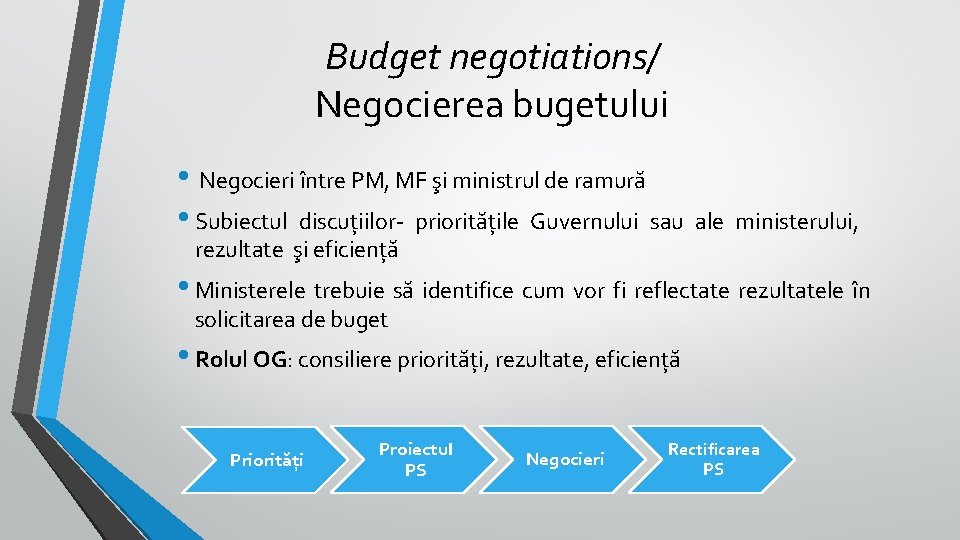 Budget negotiations/ Negocierea bugetului • Negocieri între PM, MF şi ministrul de ramură •