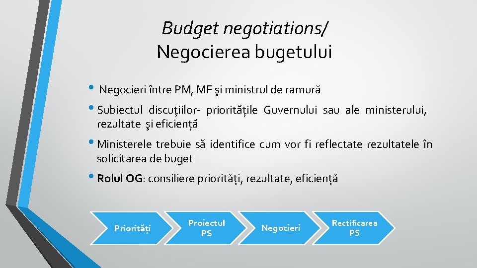Budget negotiations/ Negocierea bugetului • Negocieri între PM, MF şi ministrul de ramură • Budget negotiations/ Negocierea bugetului • Negocieri între PM, MF şi ministrul de ramură •
