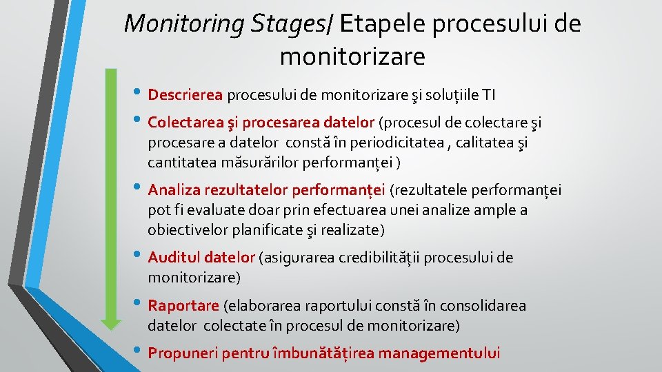 Monitoring Stages/ Etapele procesului de monitorizare • Descrierea procesului de monitorizare şi soluțiile TI