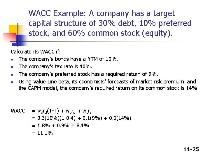 WACC Example: A company has a target capital structure of 30% debt, 10% preferred