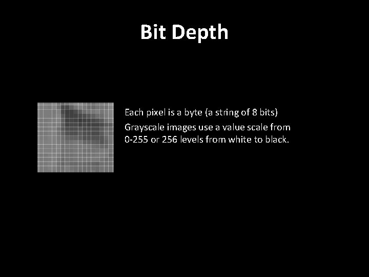 Bit Depth Each pixel is a byte (a string of 8 bits) Grayscale images