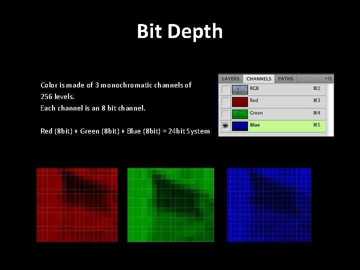 Bit Depth Color is made of 3 monochromatic channels of 256 levels. Each channel