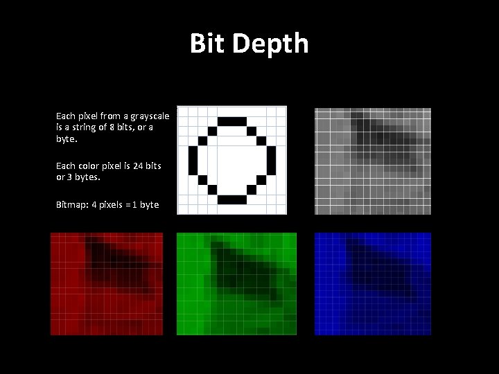 Bit Depth Each pixel from a grayscale is a string of 8 bits, or