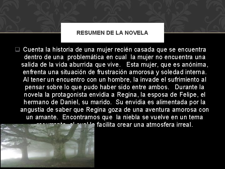 RESUMEN DE LA NOVELA q Cuenta la historia de una mujer recién casada que
